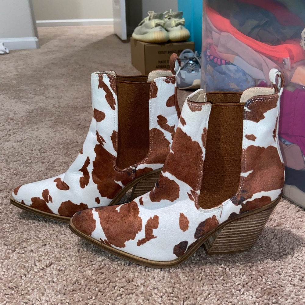 Cow print booties